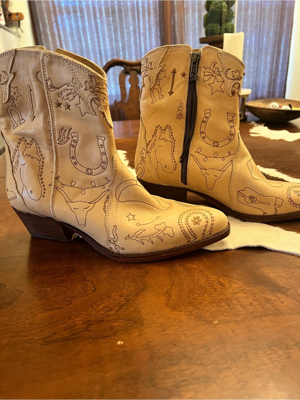 Free People Tan/Beige Embroidered Western Ankle Boots